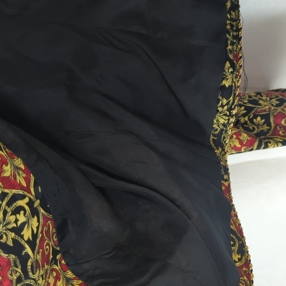 Maggy London Gold Red Black Damask Buttoned Cardigan Silk Size 6 Petite - Picture 4 of 6